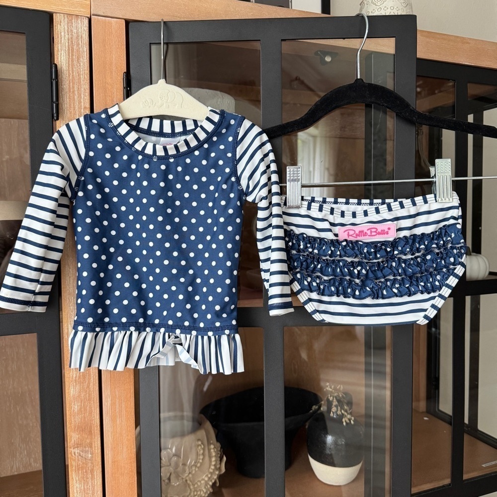Rufflebutts rashguard swimsuit set ruffles bottoms long sleeve top navy striped